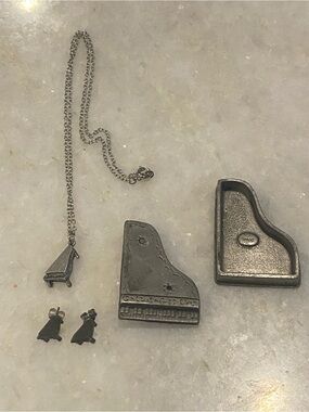 Vintage Torino Pewter Grand Piano Jewelry Set Necklace Earrings Brooch Box